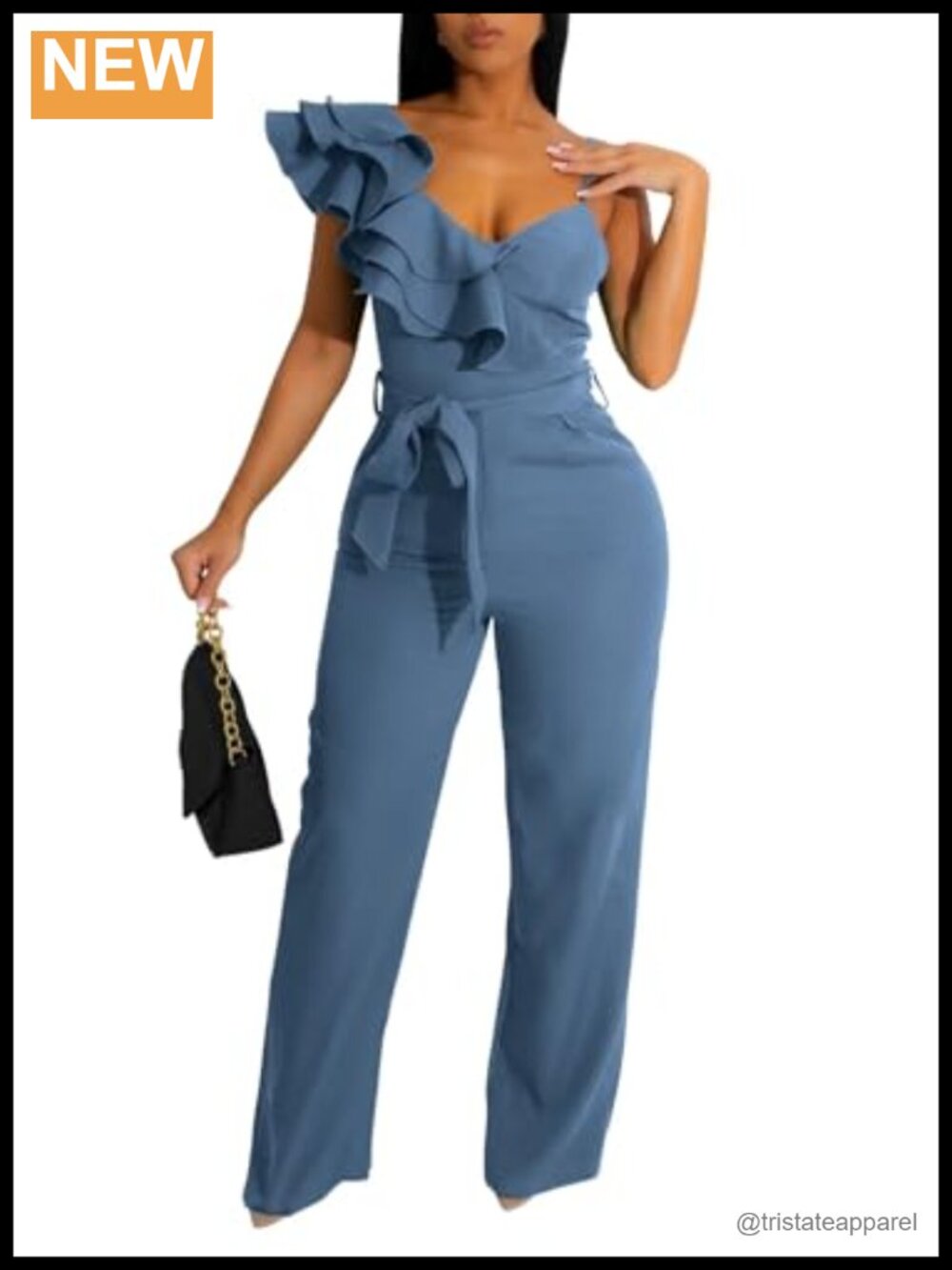 Womens Ruffle One Shoulder Wide Leg Belted Jumpsuit Sleeveless V-Neck